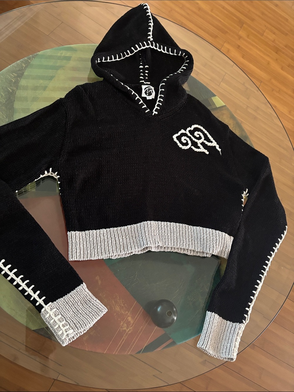 YanYan Black Cropped Cowl Hoodie Sweater with White Trim